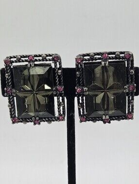 Sarah Coventry Statement Black Glass and Pink Accent Clip-On Earrings